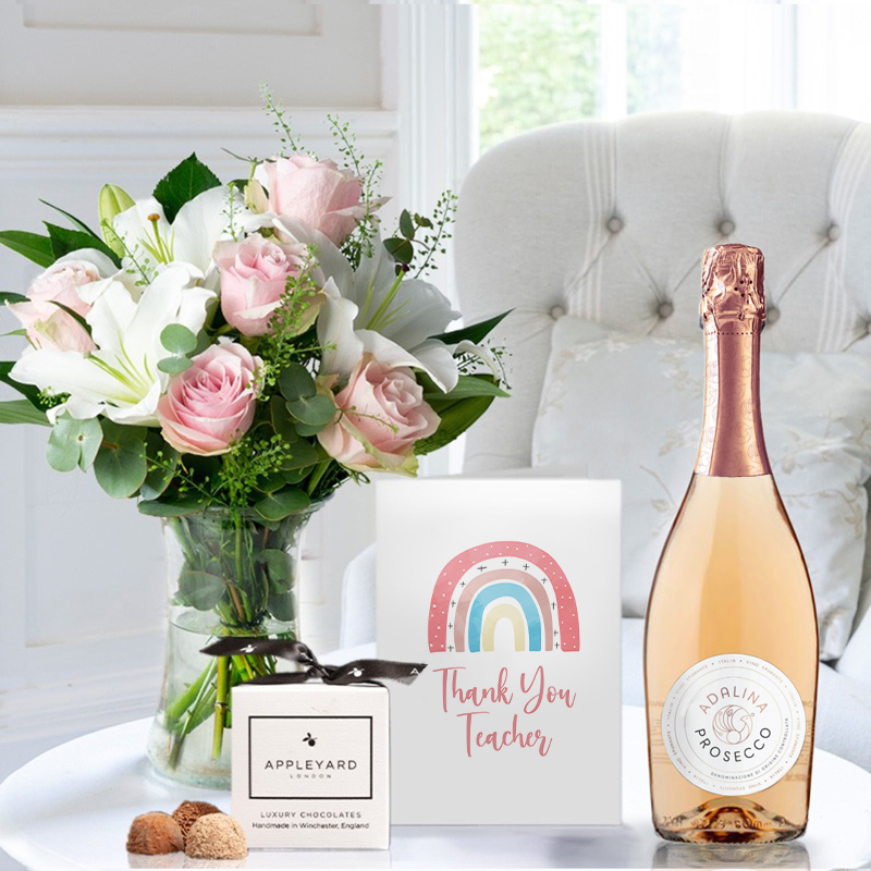Simply Pink Rose & Lily, Prosecco Rosé, 6 Mixed Truffles & Thank You Teacher Card image