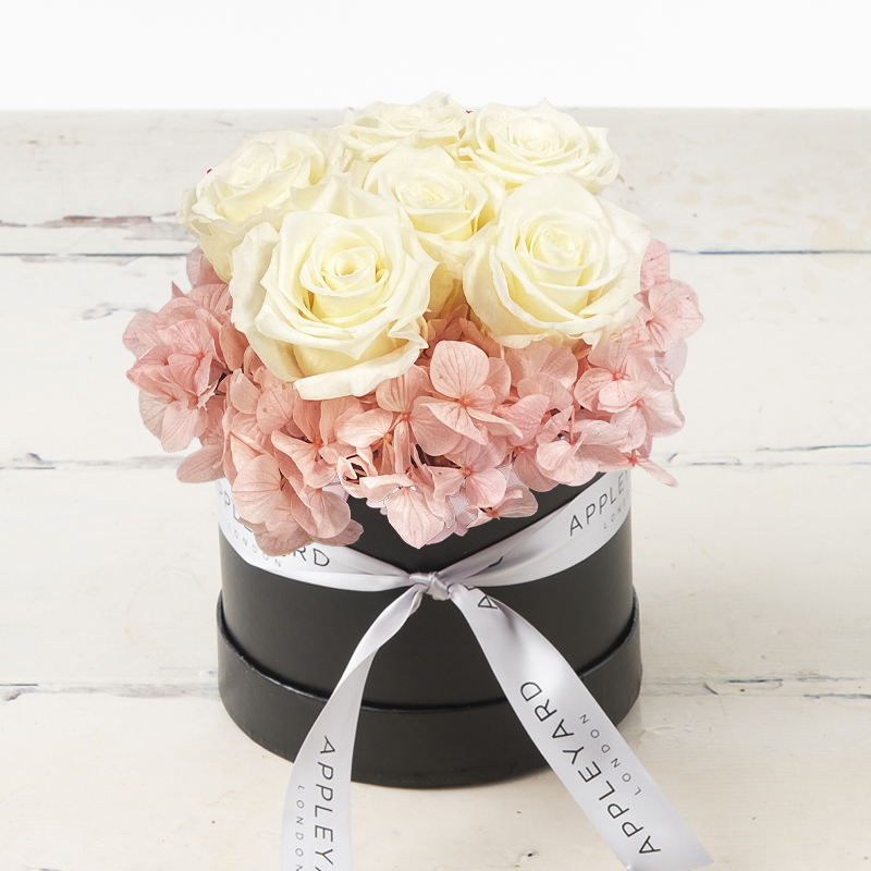 White Rose & Pink Hydrangea Hatbox (Lasts Up To A Year)