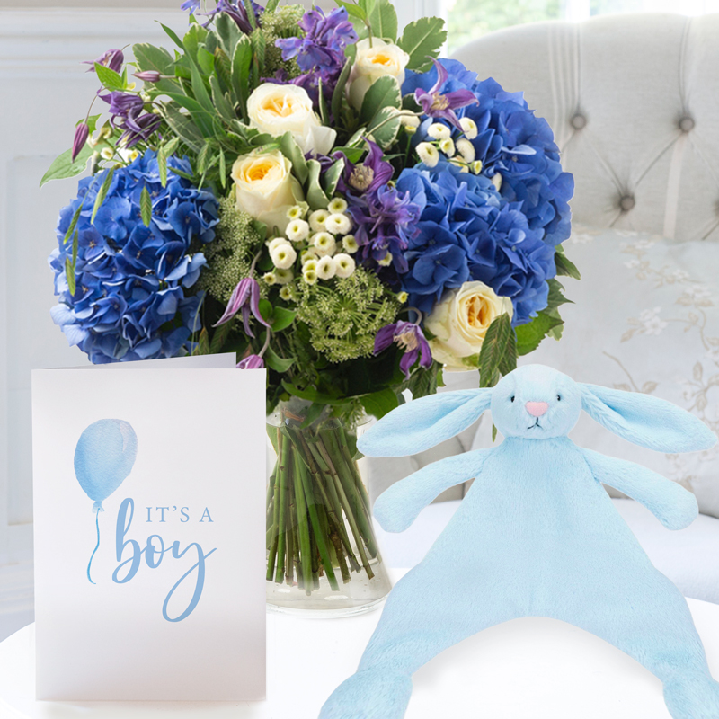 Wild English Garden, Jellycat Bashful Blue Bunny Comforter & Baby Boy Card | Hydrangea & Roses with NEOM Candle | Gifts to Truly Wow | Next Day Gifts